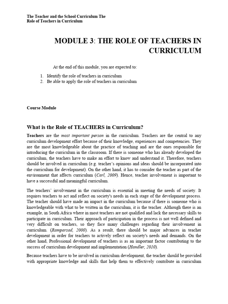 What Is The Role of TEACHERS in Curriculum? | PDF | Curriculum | Teachers