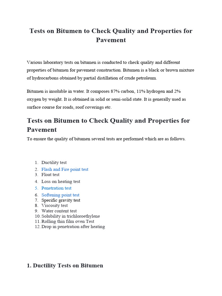 Bitumen Quality Testing Methods | PDF | Solubility | Water