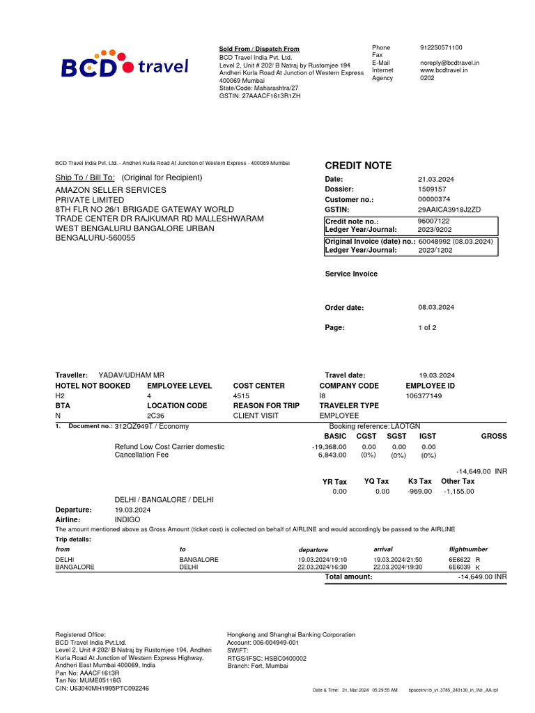 BCD Travel India Credit Note Details | PDF | Payments