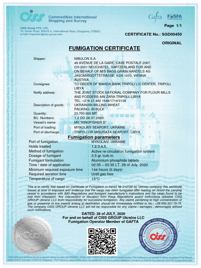Fumigation Certificate for Ukrainian Wheat | PDF | Cargo | Freight ...
