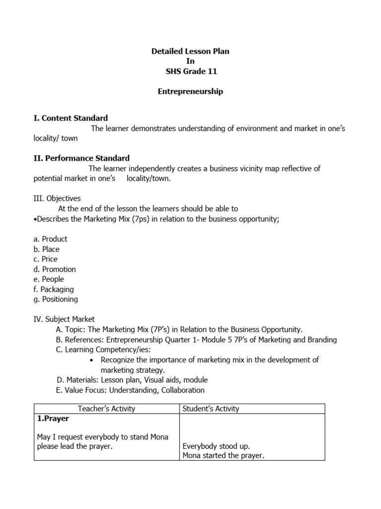 Lesson Plan Grade 11 | PDF | Marketing | Lesson Plan