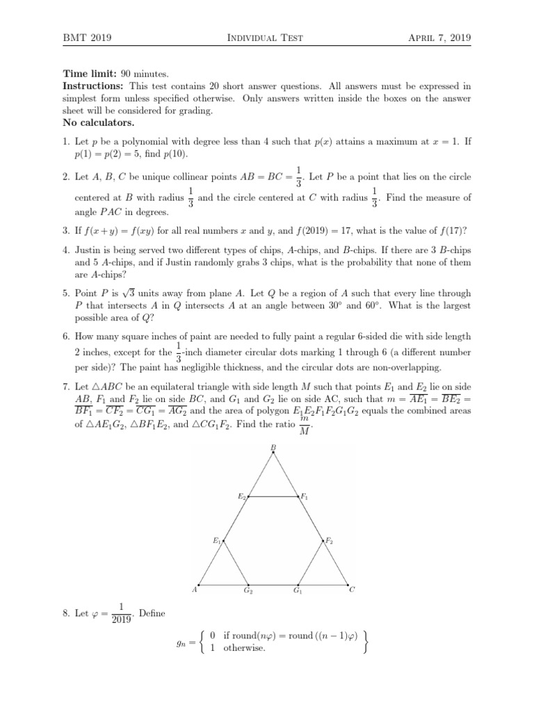 BMT 2019 Individual Test Questions | PDF | Circle | Area
