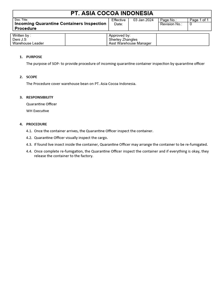 Incoming Quarantine Inspection Procedure | PDF