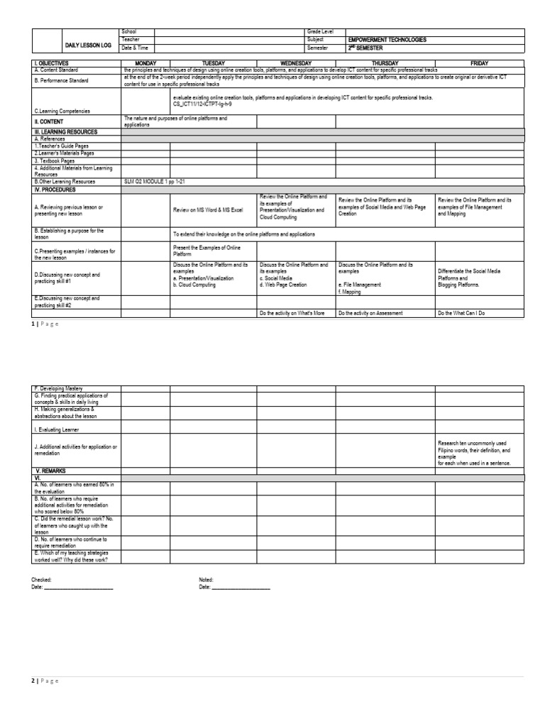 Daily Lesson Log: Empowerment Tech | PDF | Educational Technology ...