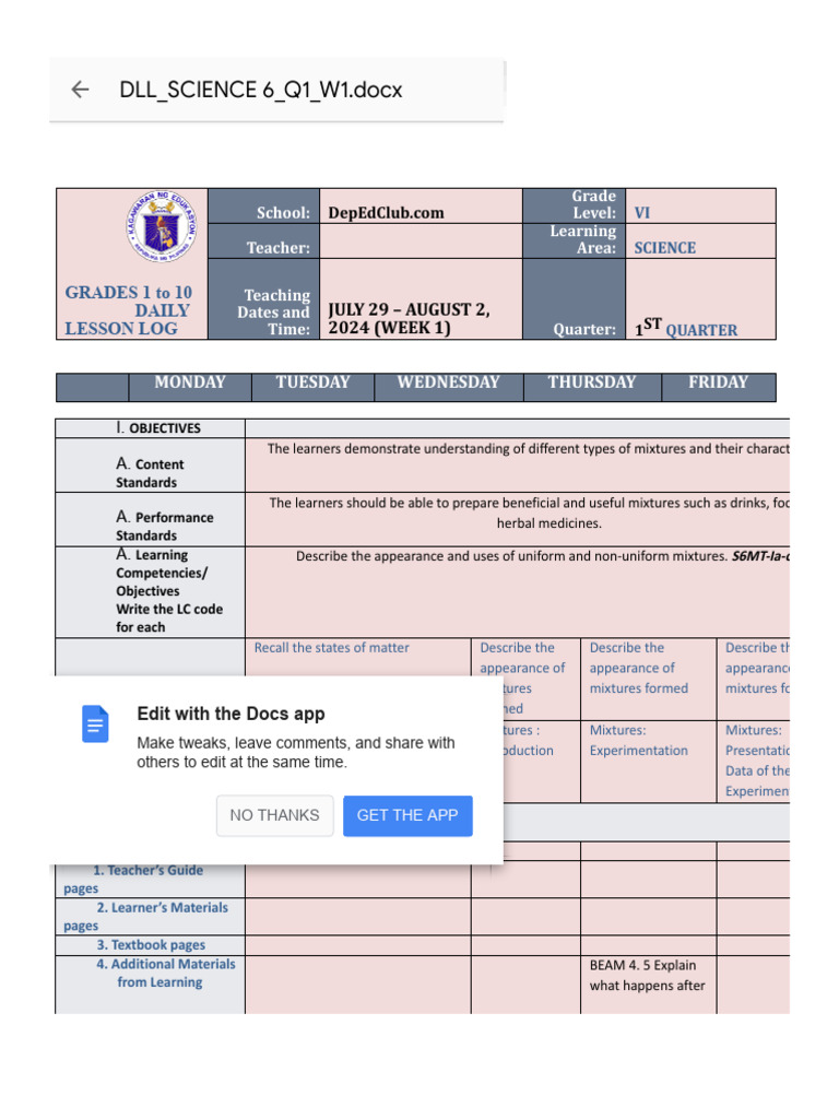 Grade VI Science Lesson Plan: Mixtures | PDF | Teachers | Matter
