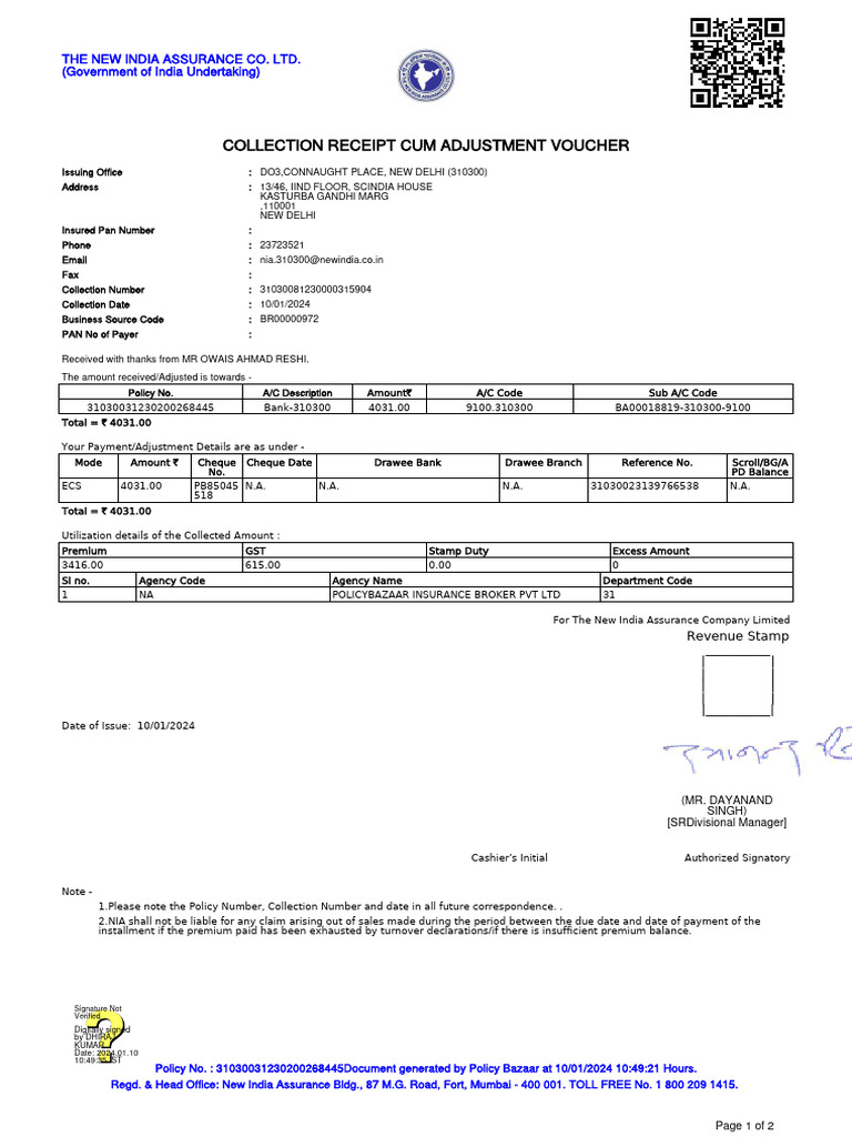 New India Assurance Payment Receipt | PDF | Financial Services ...