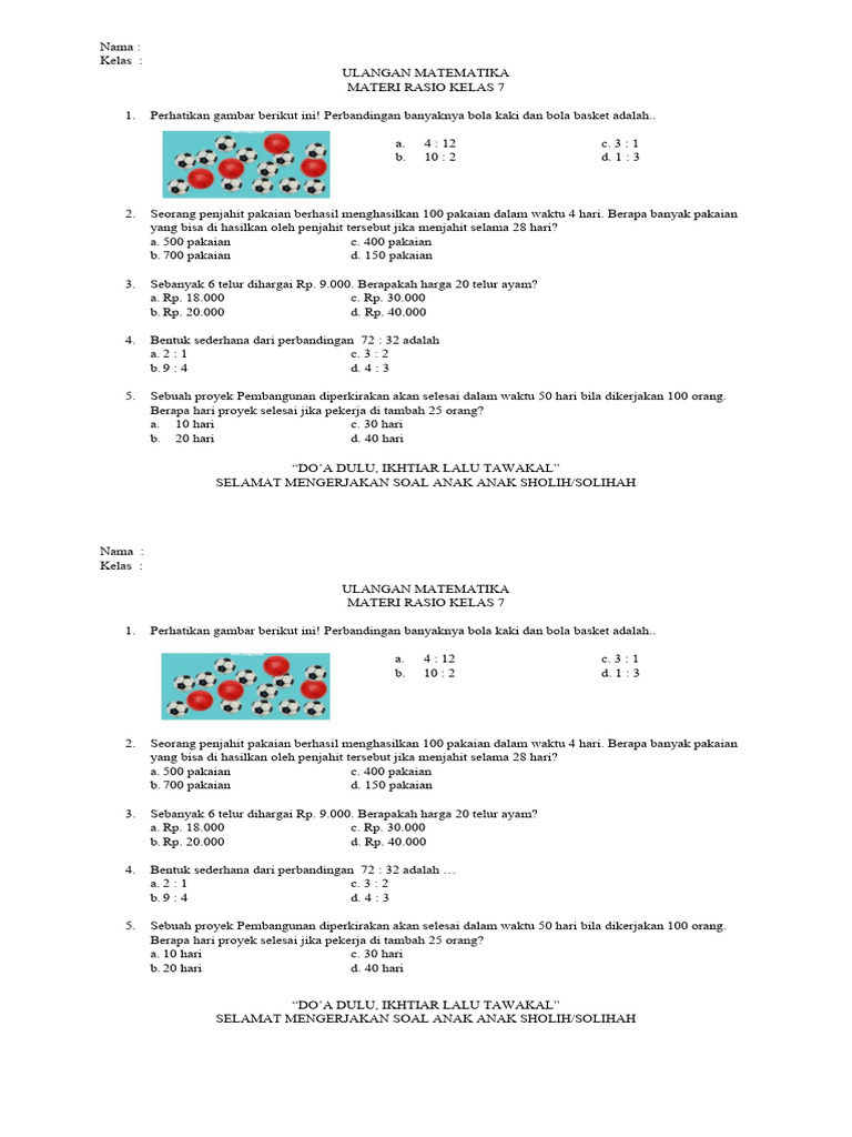 Soal Ulangan Matematika Rasio Kelas 7 | PDF