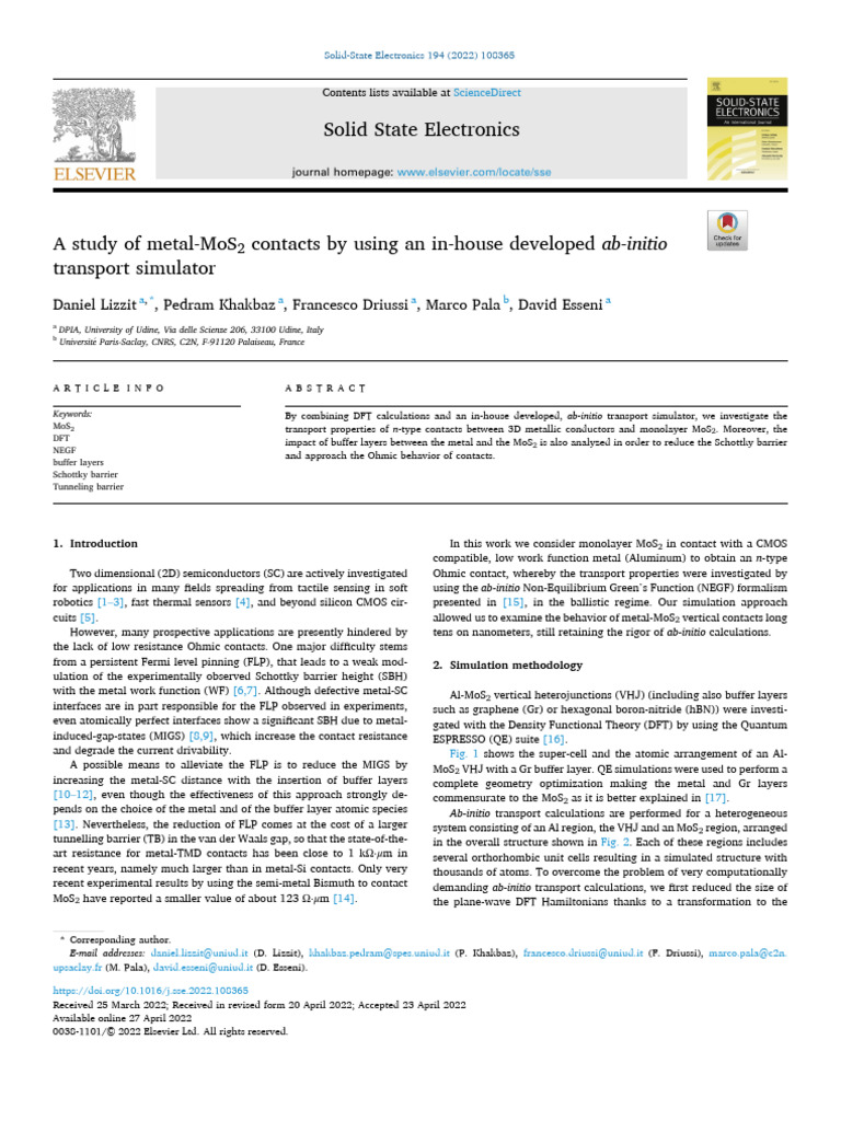 Metal-MoS2 Contacts Study | PDF | Graphene | Semiconductors