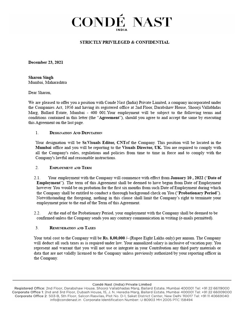 Conde Nast India Job Offer Letter | PDF | Salary | Employment