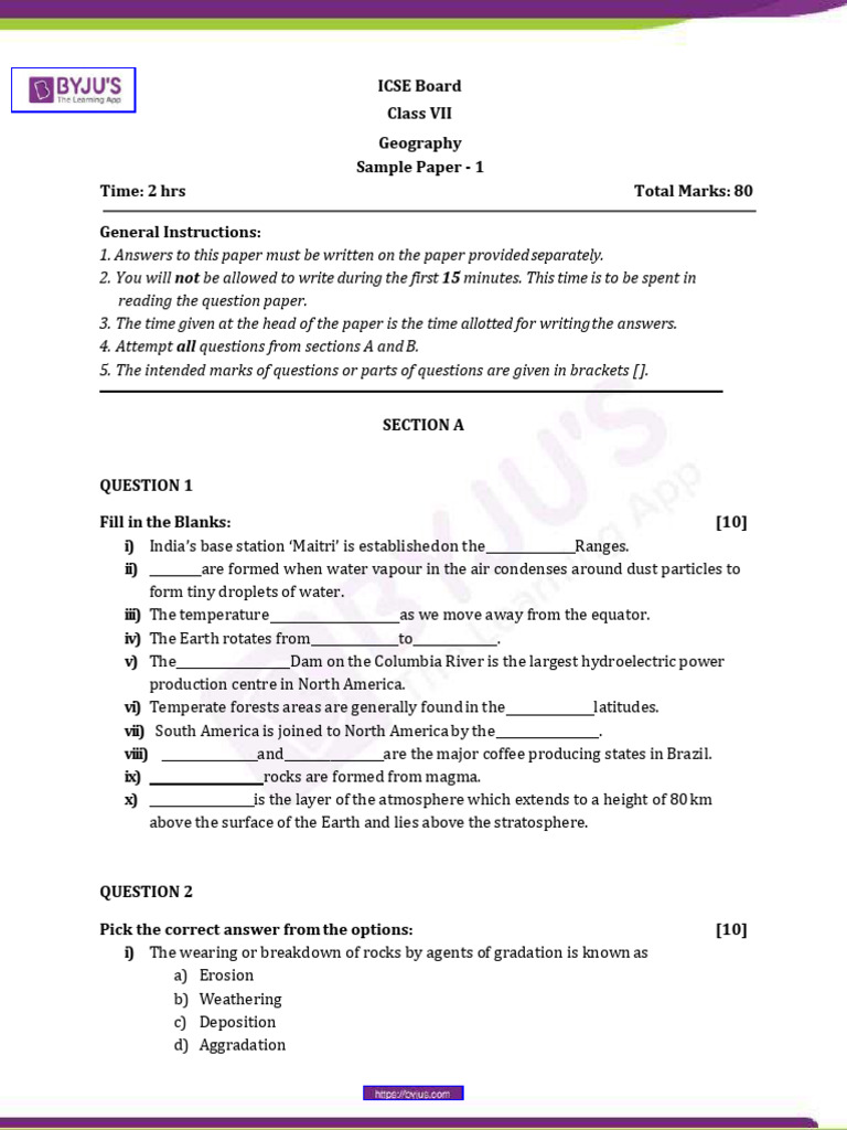 Class 7 Geography Sample Paper | PDF | Earth | Atmosphere Of Earth