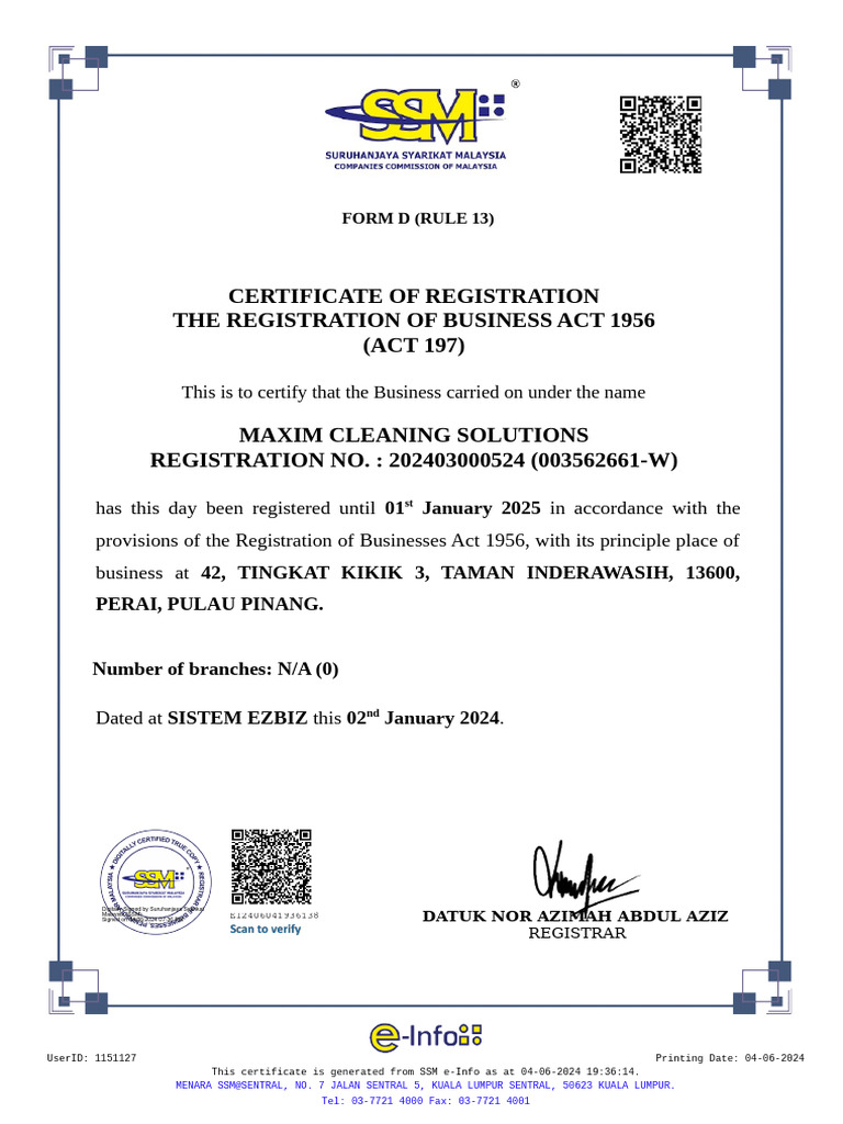 Business Registration Certificate for Maxim Cleaning Solutions | PDF ...