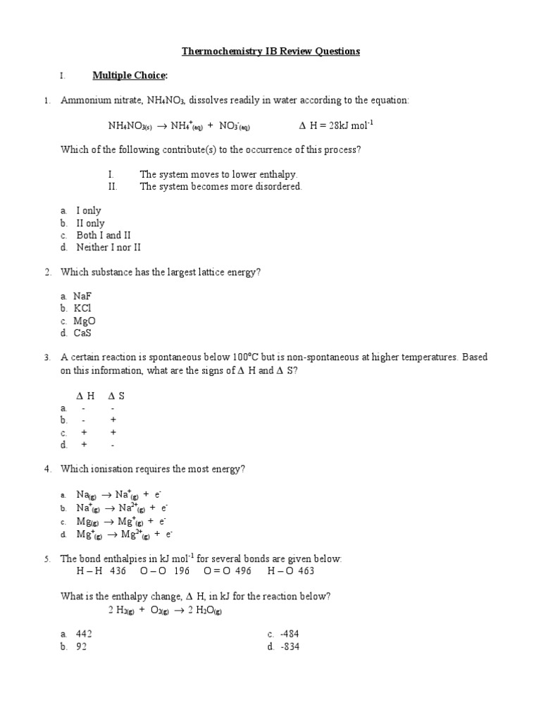Thermochemistry IB Questions PDF Enthalpy Chemical Reactions