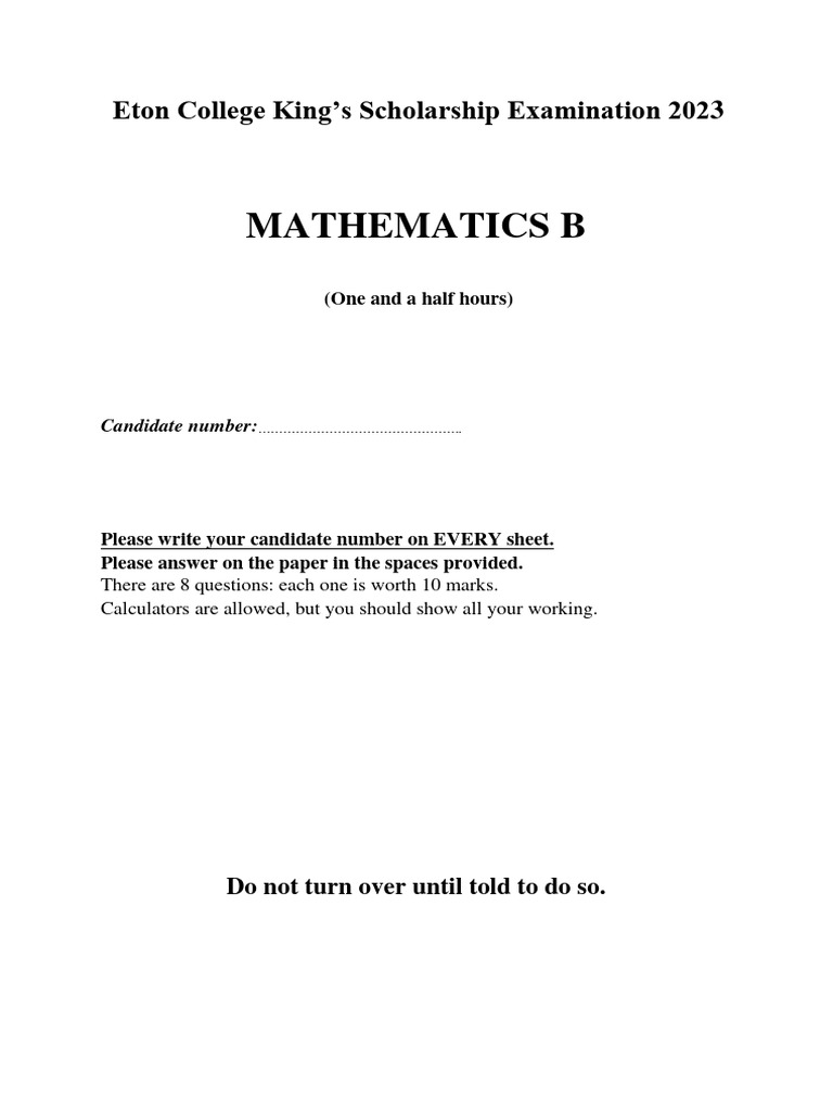 Eton College King's Scholarship Examination 2023 Math B | PDF