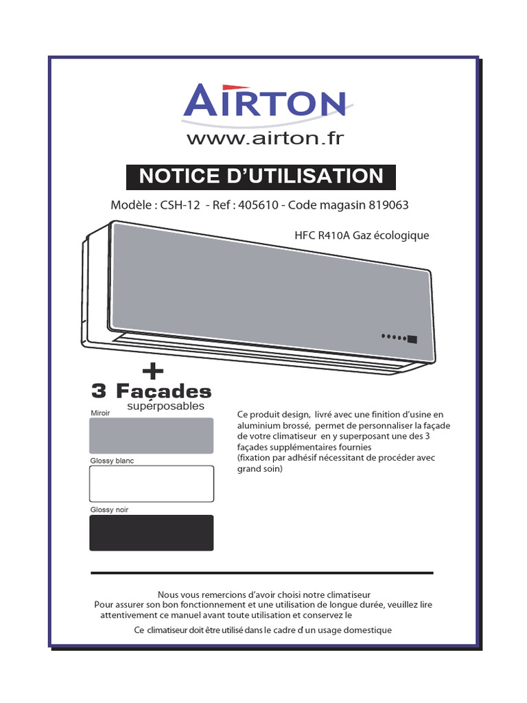 Notice d'utilisation climatiseur Airton CSH12 PDF Tuyau — free download