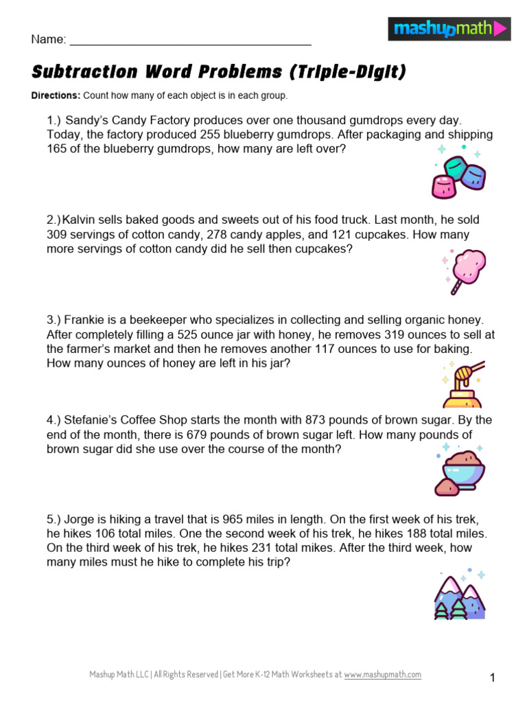 Triple-Digit Subtraction Word Problems | PDF | Cooking, Food & Wine