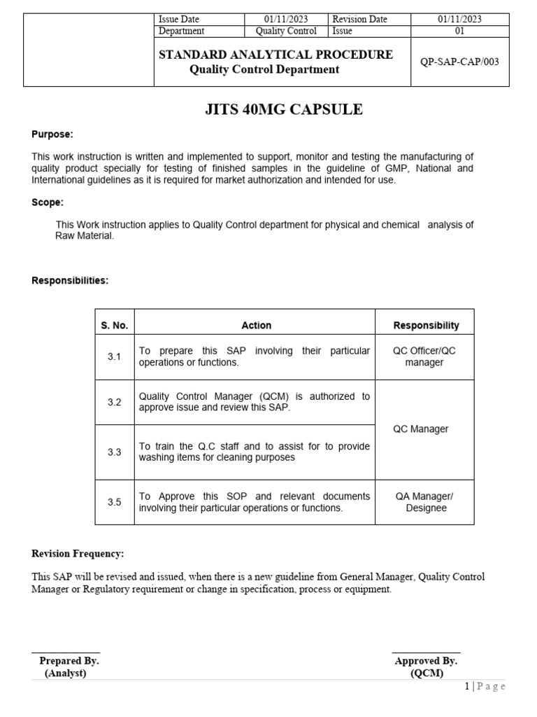 JITS 40mg Capsule Quality Control SOP | PDF | Filtration | Ph