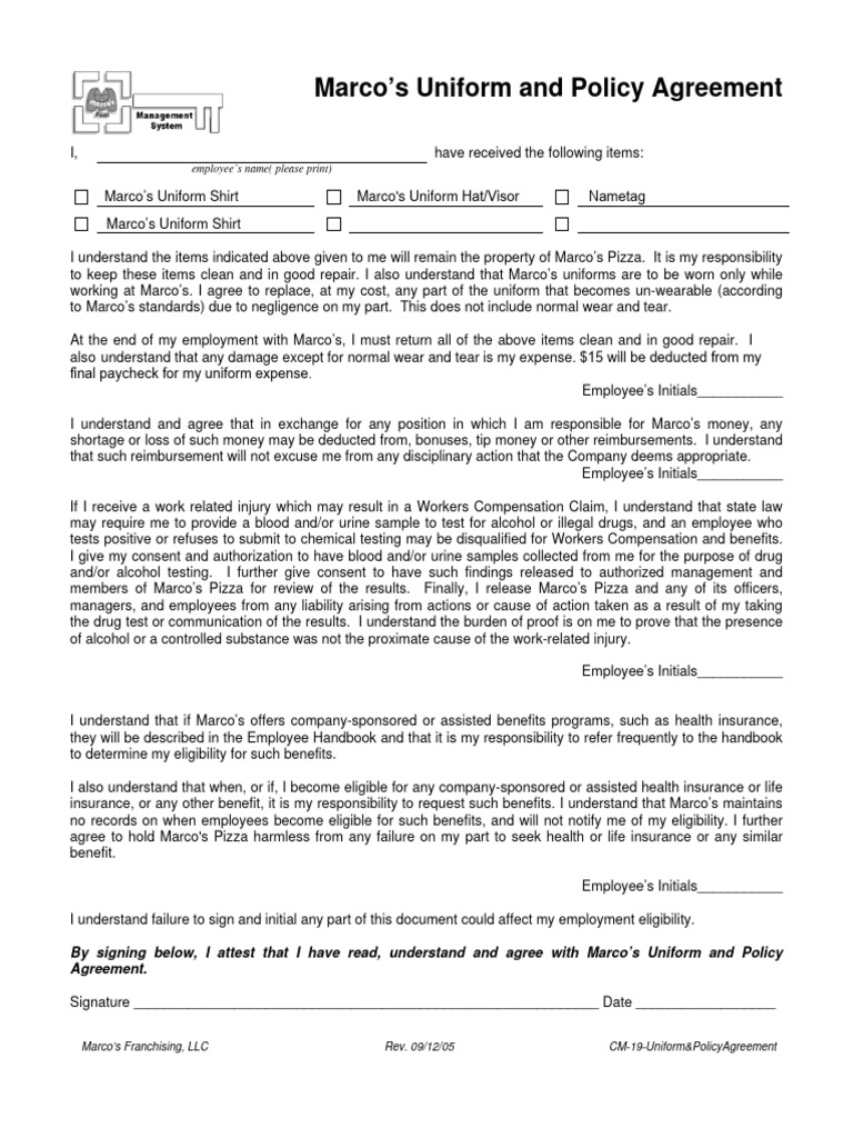 Marco's Uniform and Policy Agreement: Employee's Name (Please Print ...