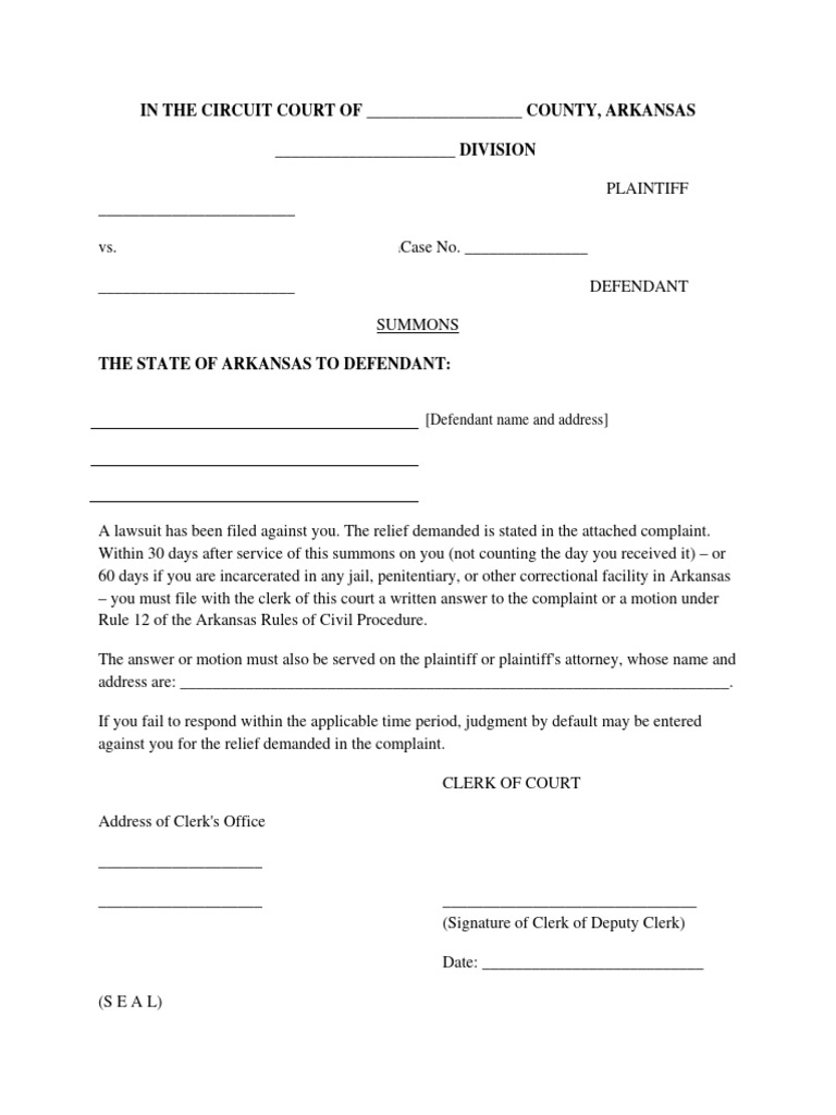 Arkansas Court Summons Template | PDF | Complaint | Summons