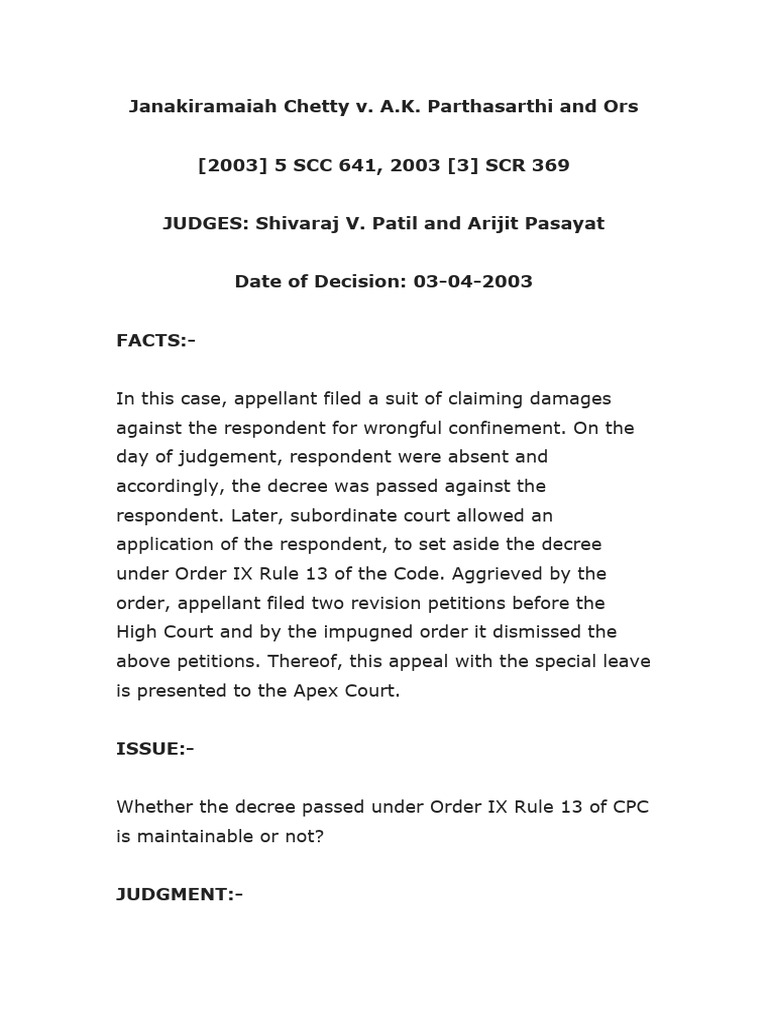 Janakiramaiah Chetty Parthasarathy | PDF | Judgment (Law) | Lawsuit