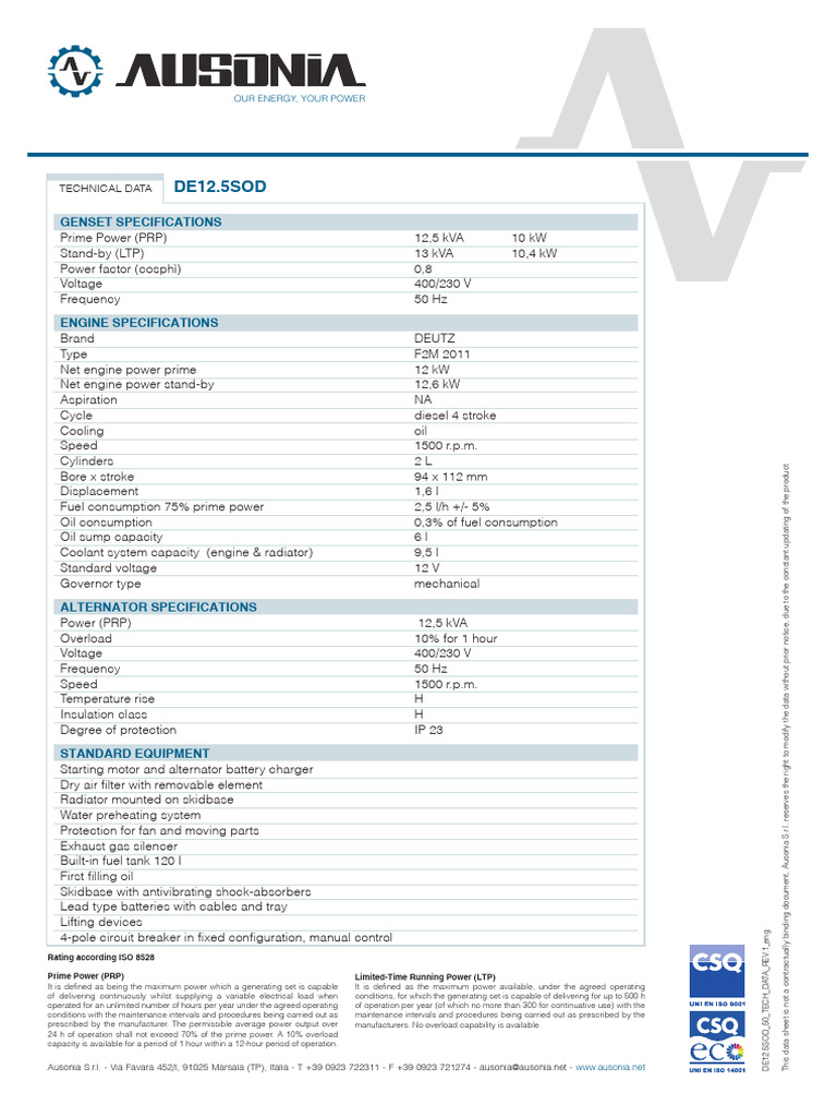 DE12.5SOD Genset Specifications Guide | PDF | Engines | Electrical ...