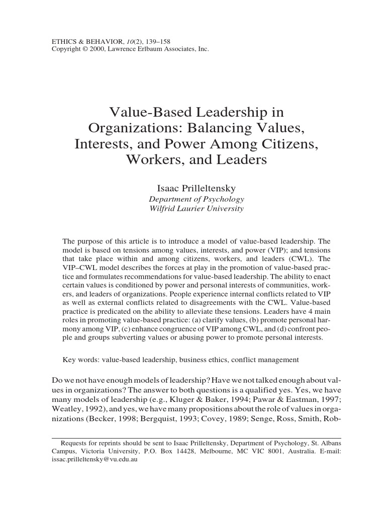 Value Based Leadership in Organizations | PDF | Leadership | Psychiatry