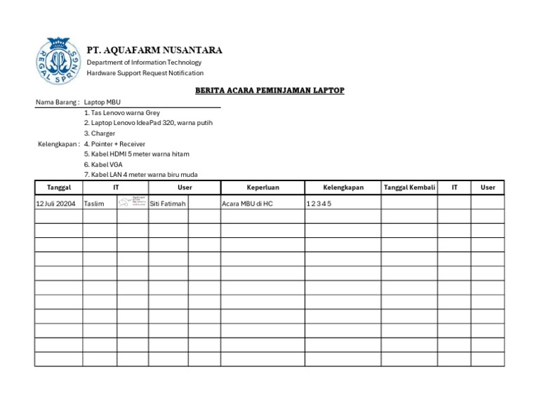 Berita Acara Peminjaman Laptop IT | PDF