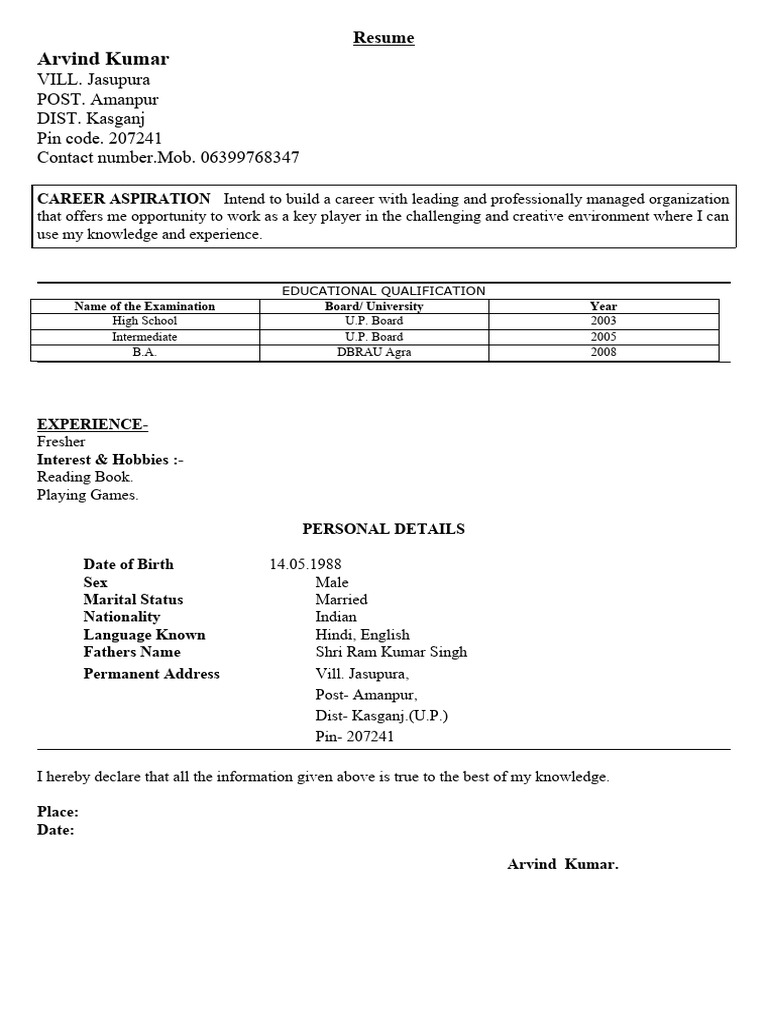 Arvind Kumar Resume - Fresh Graduate | PDF