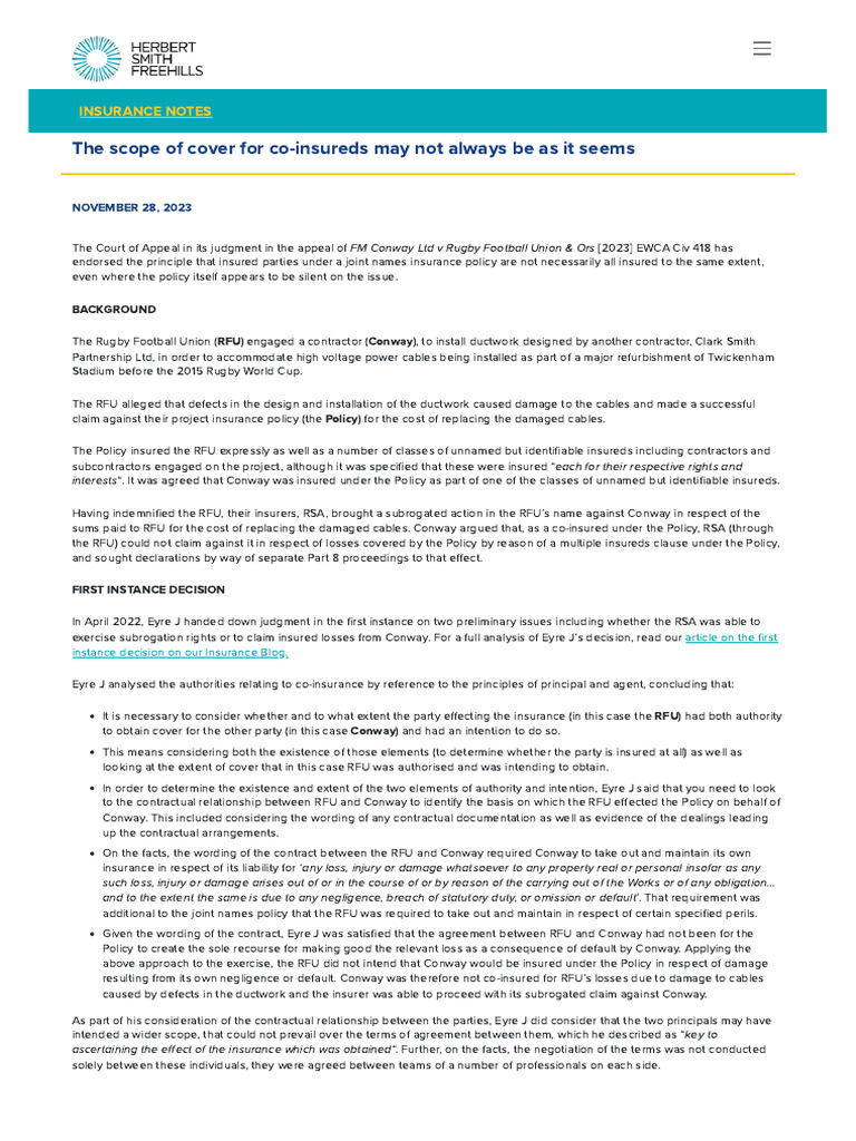 The Scope of Cover For Co-Insureds May Not Always Be As It Seems | PDF ...