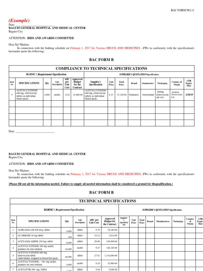 BGHMC Drug Bidding Quotation Form | PDF | Drugs | World Health Organization