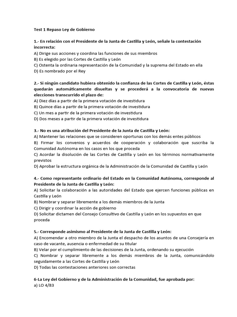 Test Ley de Gobierno de Castilla y León | PDF | Cortes Generales | Gobierno