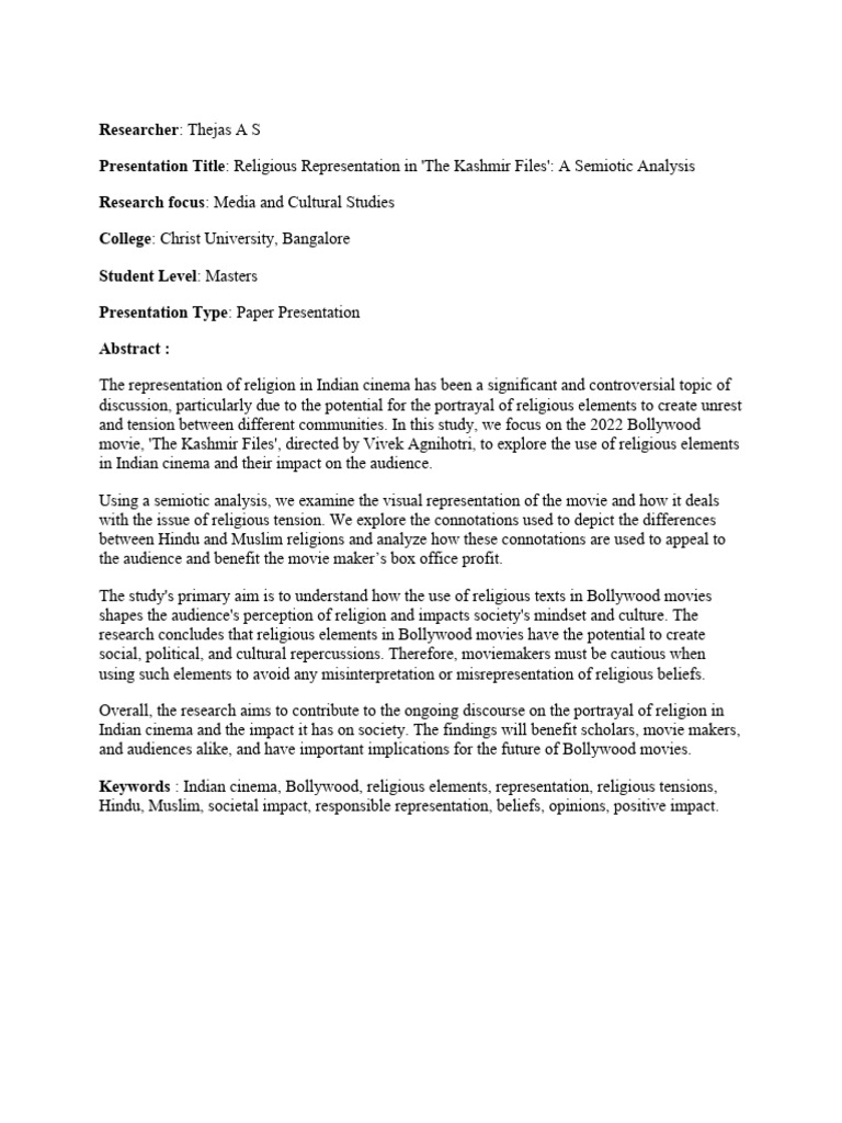Abstract - Religious Representation in 'The Kashmir Files' - A Semiotic ...