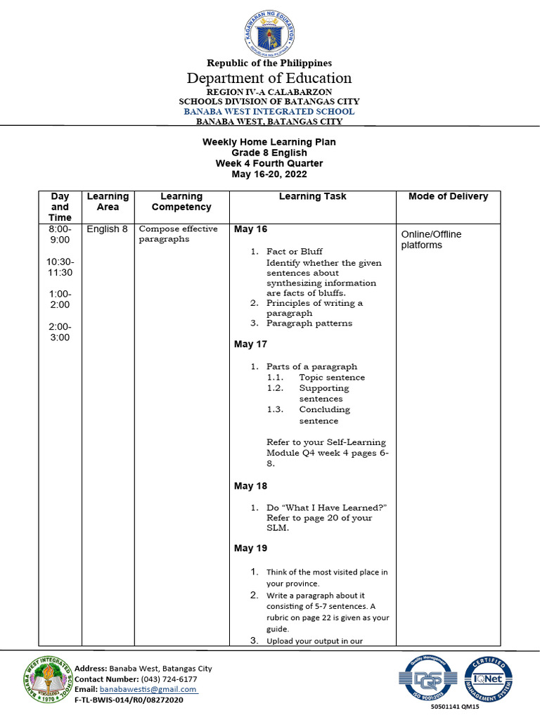 Grade 8 English Weekly Learning Plan | PDF | Cognition | Human ...