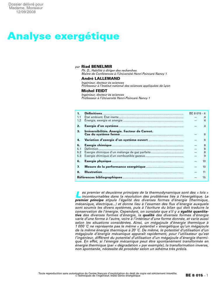 Analyse de l'exergie énergétique | PDF | Équilibre thermodynamique ...