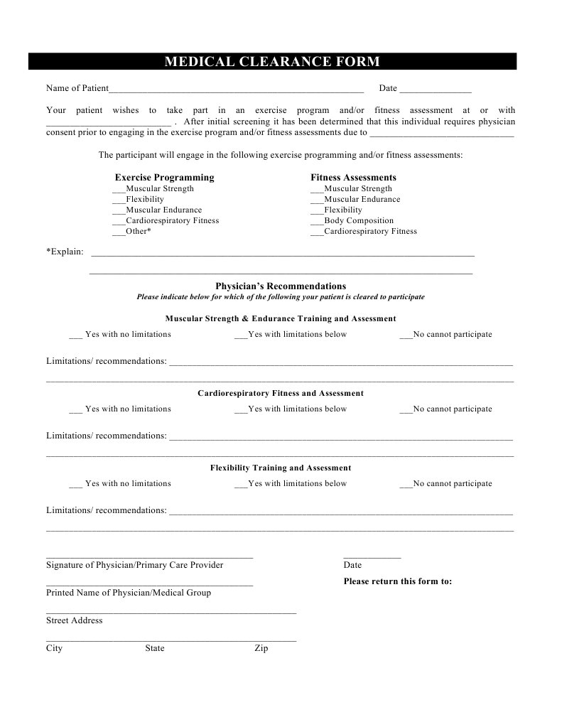 Medical Clearance Form for Exercise | PDF