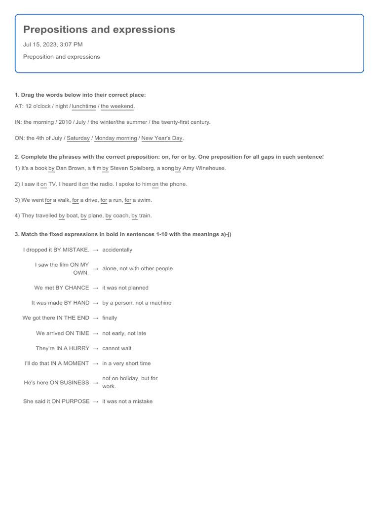 Prepositions and Expressions Exercises | PDF | Language Arts ...