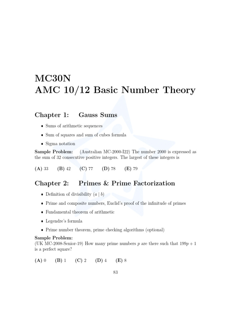 Math Curriculum MC30N AMC 10 12 Basic Number Theory | PDF | Prime ...