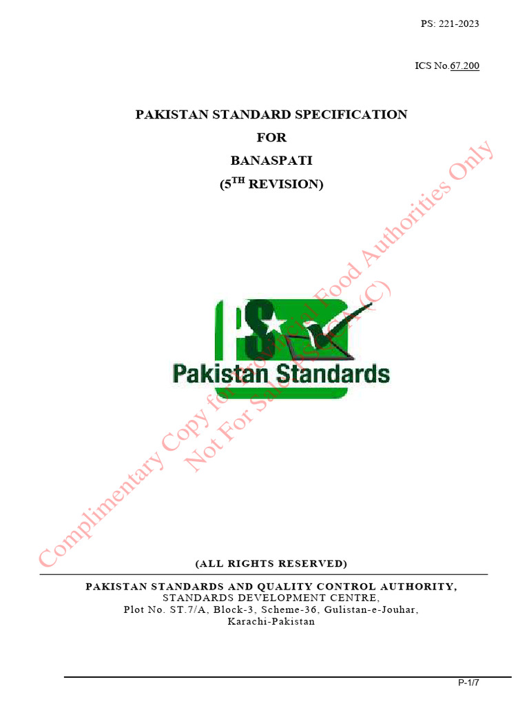 PS 221-2023 For Banaspati 5th Revision | PDF | Vegetable Oil | Palm Oil