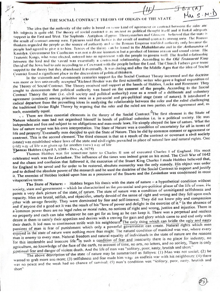 Social Contract Theory of Origin of State | PDF