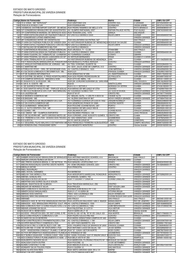 Fornecedores da Prefeitura de Várzea Grande | PDF | Brasil
