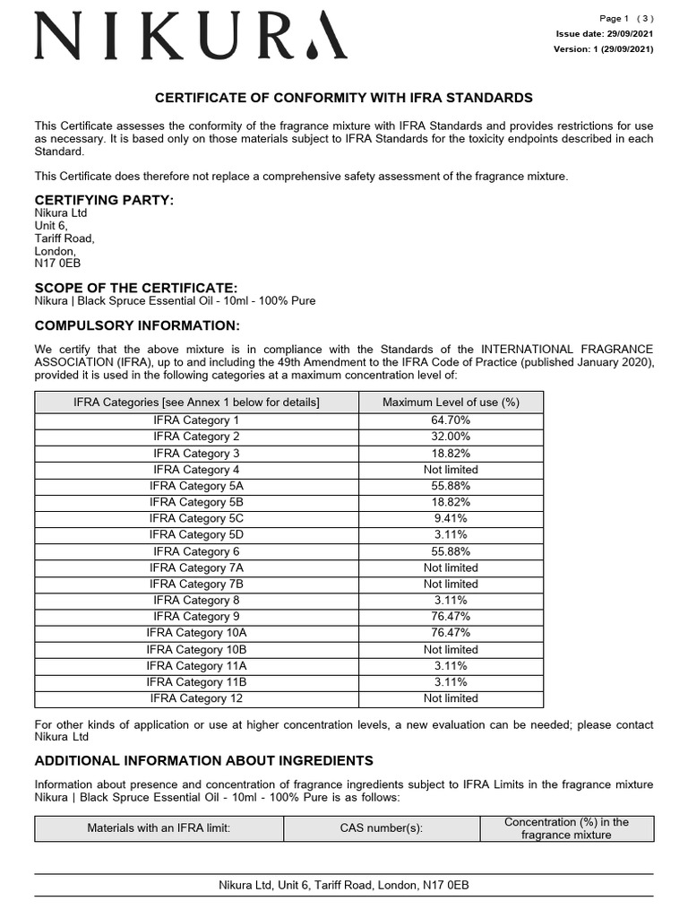 IFRA Compliance Certificate for Black Spruce Oil | PDF | Perfume ...