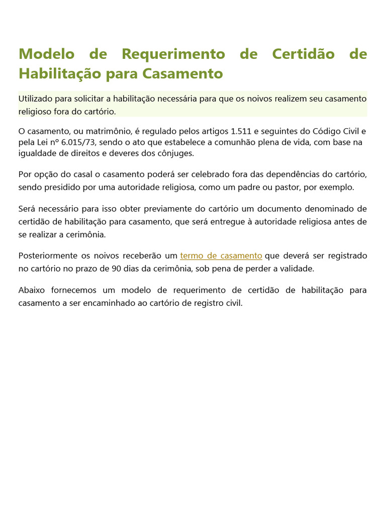 Modelo de Requerimento de Certidão de Habilitação para Casamento | PDF, image size:768x1024