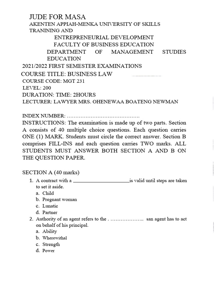 Business Law Exam Guide | PDF | Law Of Agency | Legal Concepts