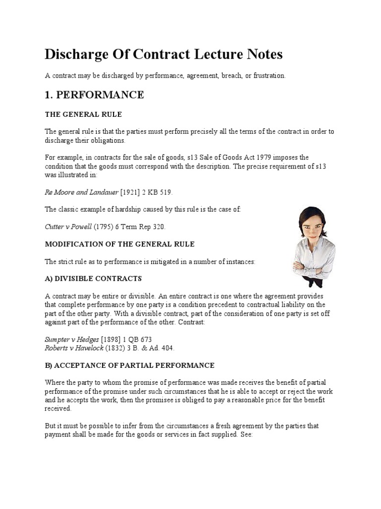 Discharge of Contract Lecture Notes PDF Breach Of Contract