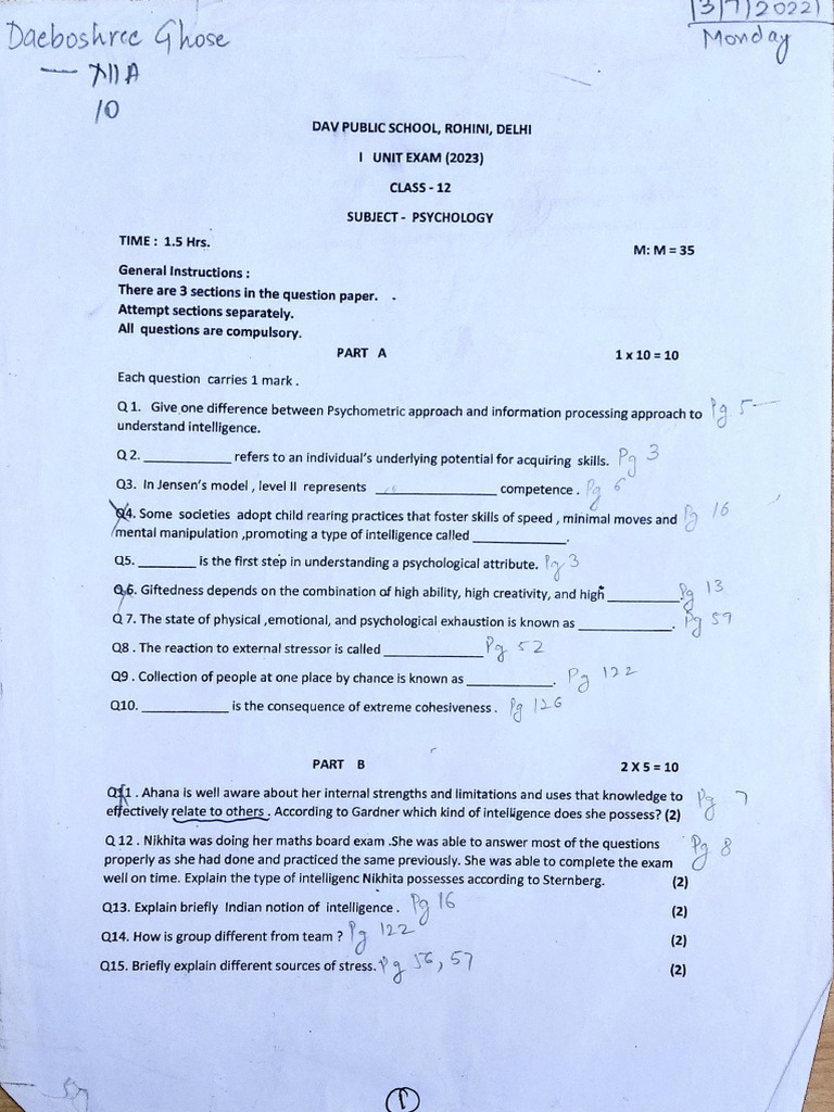 Psychology Unit 1 2023-24 Answer Key | PDF | Neuroscience | Liberal ...
