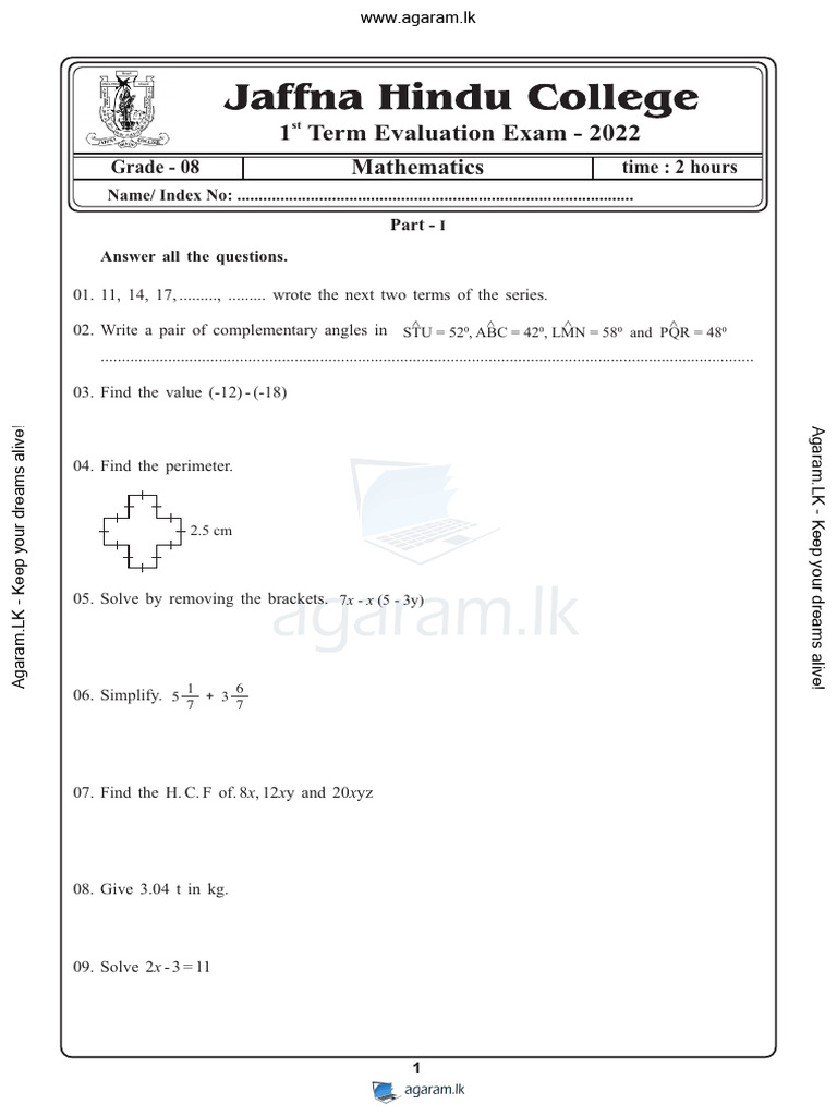Grade 8 Math Evaluation Exam 2022 | PDF | Euclidean Geometry | Geometry