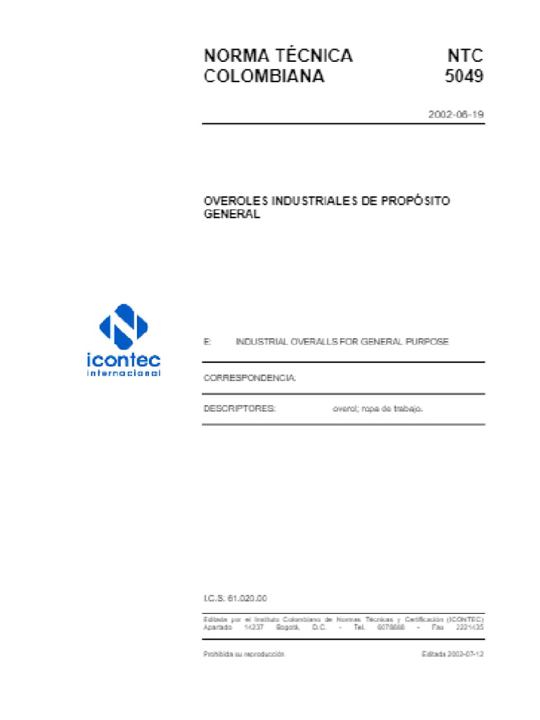 Norma NTC 5049 2002 Overol en Dril Industrial | PDF