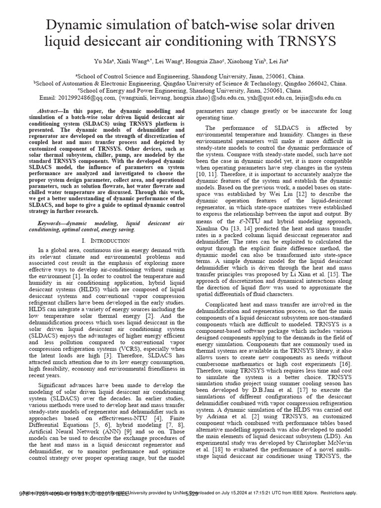 Dynamic Simulation of Solar Air Conditioning | PDF | Liquids | Air ...