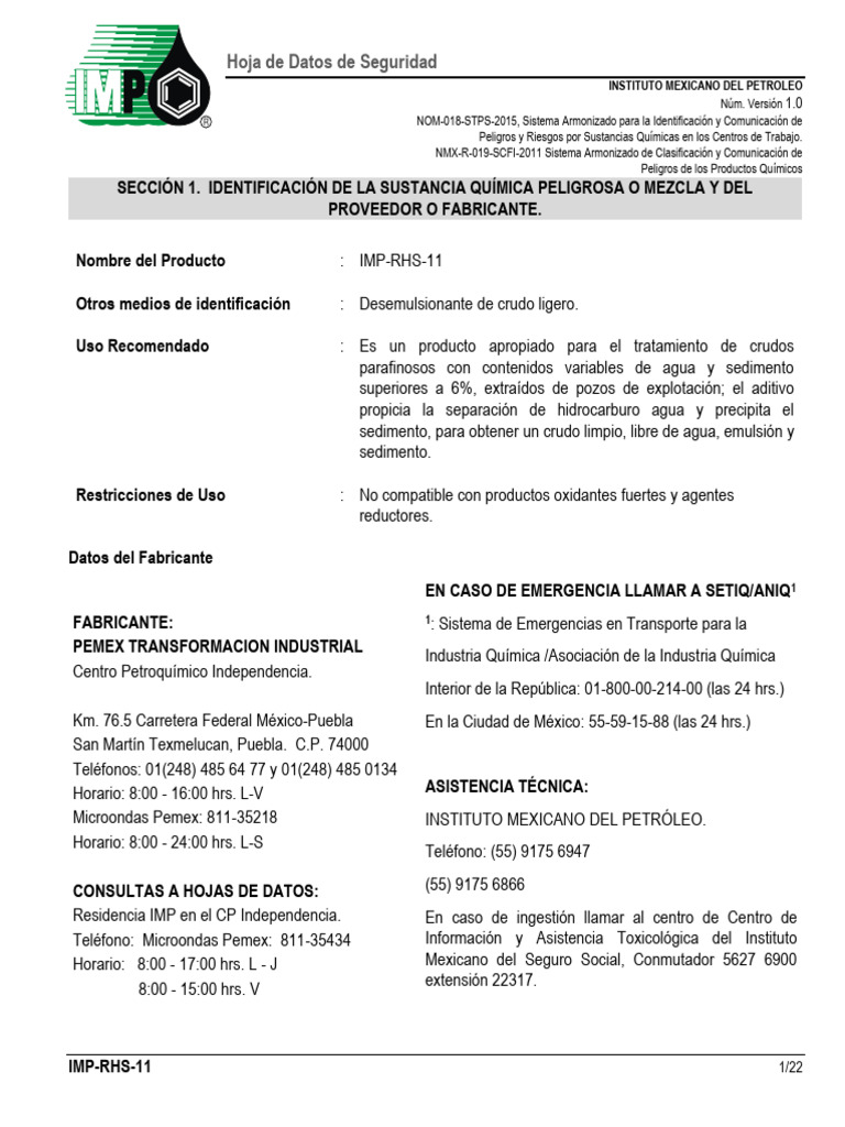Hoja de Seguridad: Desemulsionante IMP-RHS-11 | PDF | Agua | Química