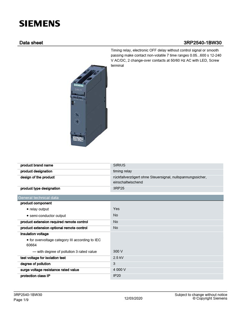 Siemens 3RP2540 1BW30 Datasheet | PDF | Relay | Alternating Current