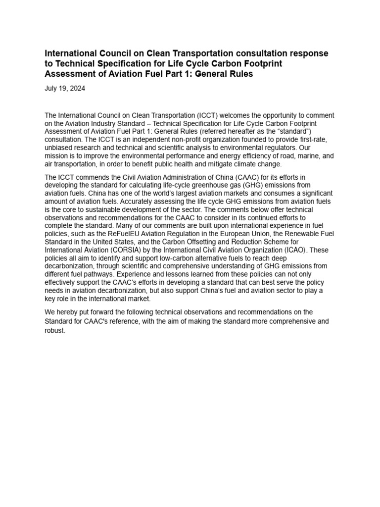 International council on clean transportation consultation response to